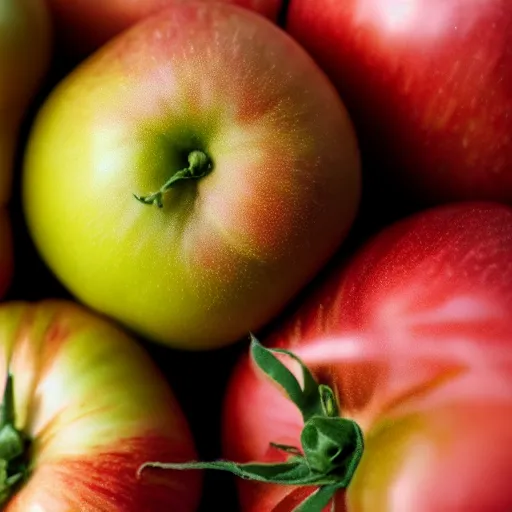 Prompt: slow motion image of a tomato and an apple colliding, 4 k