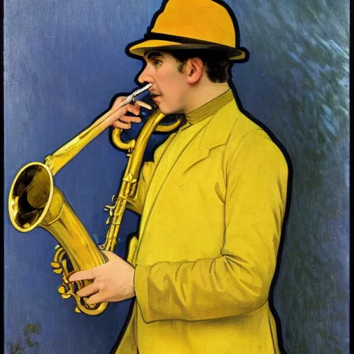 Image similar to man sitting in a yellow costume with a yellow hat holding a saxophone, smoking a cigarette, blue skin, blue smoke, dark background, realistic painting, artwork, meditative, alphonse mucha