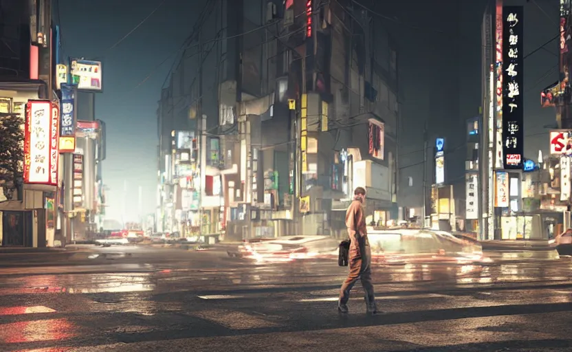 Prompt: a man standing in the middle of a tokyo street at night, a photorealistic painting by Gregory Crewdson, cgsociety, american scene painting, playstation 5 screenshot, matte painting, cryengine