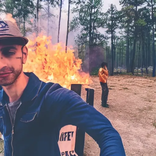 Image similar to a selfie of a guy making a peace sign while standing in a fire