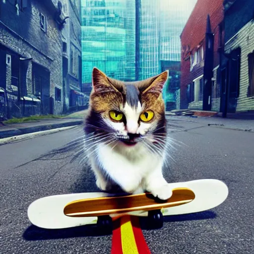 Image similar to salem the cat riding a skateboard looking extremely cool, 8 k, tv still