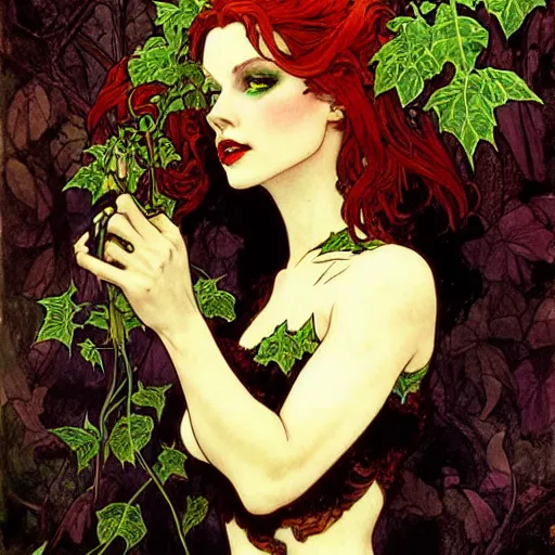 Image similar to a beautiful painting of poison ivy dressed as a martian princess, dark eyeliner, intricate, elegant, highly detailed, digital painting, artstation, concept art, matte, sharp focus, illustration, art by rebecca guay and by arthur rackham and by alphonse mucha and by john william waterhouse