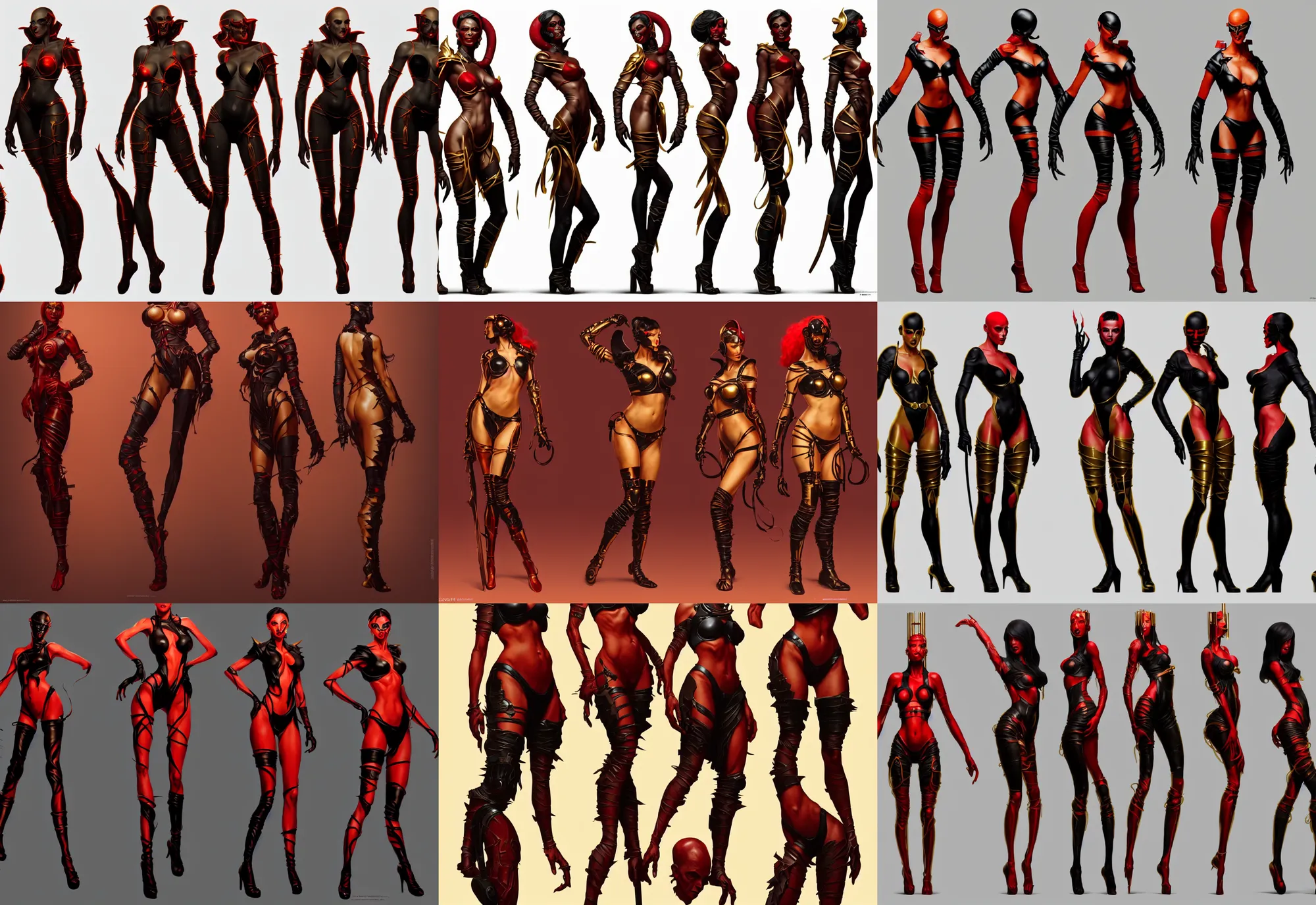 Image similar to three views game character design by illustrator of riot games, donato giancola and greg rutkowski. just one lonely black tape project show attctive showgirl!! full body!! future head set. contour light effect!! 8 k. red, golden and black. stage light. octane render. sharp edge. ultra clear detailed