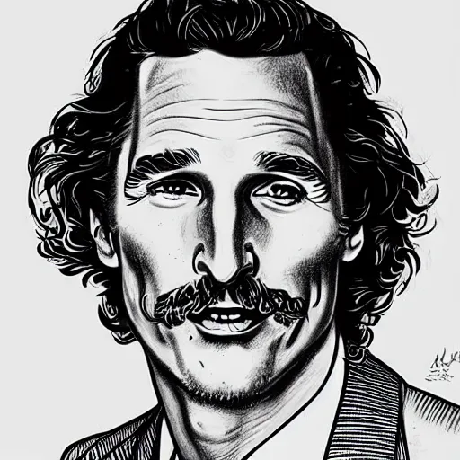 Image similar to a portrait drawing of Mathew McConaughey drawn by Robert Crumb