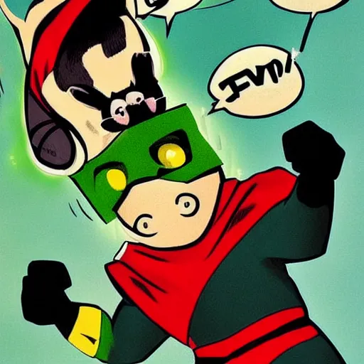 Image similar to A ferret is a superhero, wearing cute green cape, wearing black mask, wearing a yellow superhero suit, he's fighting a villain, comic book art