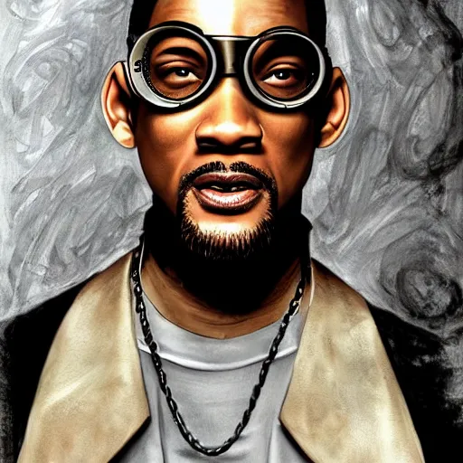 Image similar to will smith wearing big steampunk googles, art by steve henderson