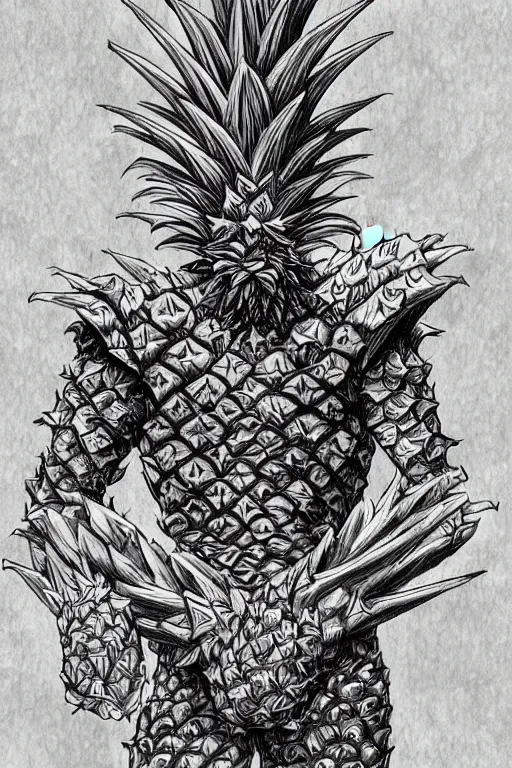 Image similar to pineapple humanoid figure monster wearing pineapple themed armour, symmetrical, highly detailed, digital art, sharp focus, trending on art station, kentaro miura manga art style