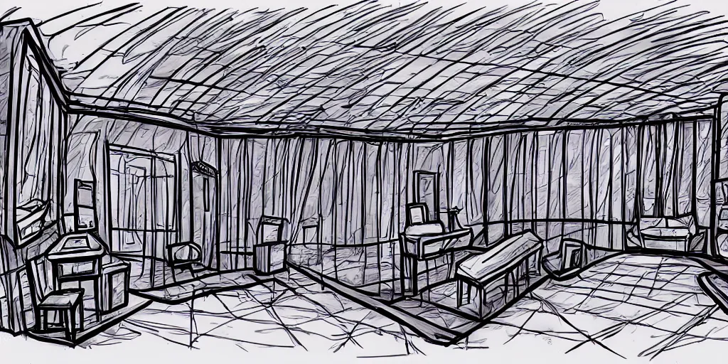 Image similar to a dimly lit, theater dressing room, with a mirror, a chair, a couch, day of the tentacle style, drawn by Peter Chan, 5 point perspective