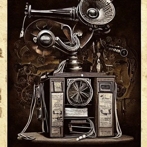 Image similar to “Old steampunk gramophone with antique loudspeakers and lots of wires. Dark, intricate, highly detailed, smooth, 18th century poster in style of Geiger”