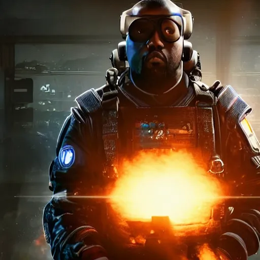 Prompt: kanye west as a ghostbuster!!! in ( gears of war battlefield 5 ), splash art, movie still, cinematic lighting, dramatic, octane render, long lens, shallow depth of field, bokeh, anamorphic lens flare, 8 k, hyper detailed, 3 5 mm film grain