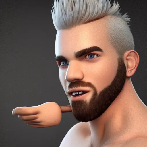 Image similar to attractive strong built irish english man with a chin beard and spiky blonde hair smiling at the camera, 3D octane render, character design