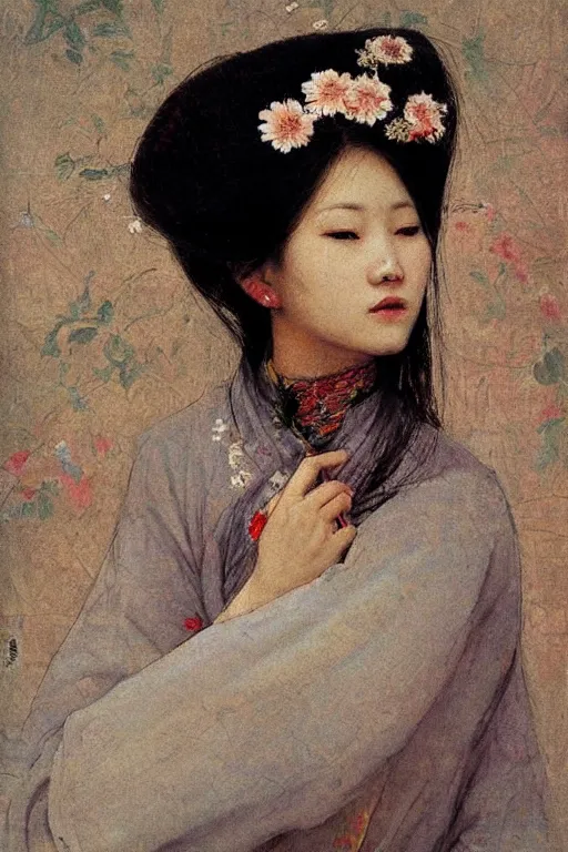 Image similar to close - up fashion asian woman portrait airy flowers sacura cloudy sky art by vasnetsov