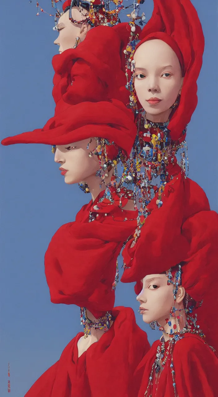 Prompt: a female character design wearing high fashion, beads hanging over her face like an alexander mcqueen headdress, haute couture, dior, and a red cape by kawase hasui, moebius, edward hopper and james gilleard, zdzislaw beksinski, steven outram colorful, hd, 8 k, artstation, high quality, ultra detailed