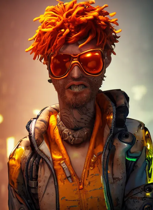 Image similar to glowwave portrait of curly orange hair man from borderlands 3, au naturel, hyper detailed, digital art, trending in artstation, cinematic lighting, studio quality, smooth render, unreal engine 5 rendered, octane rendered, art style by klimt and nixeu and ian sprigger and wlop and krenz cushart.