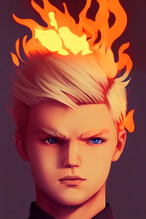 Prompt: character art by ilya kuvshinov, young man, blonde hair, on fire, fire powers