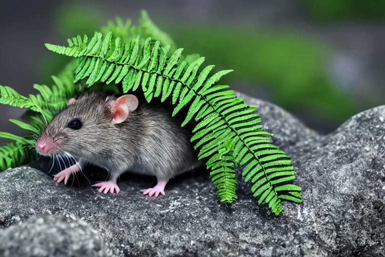 Prompt: a rat eating a gray cable in the ferns, grass and rocks, highly detailed photo, intricate details, volumetric lighting