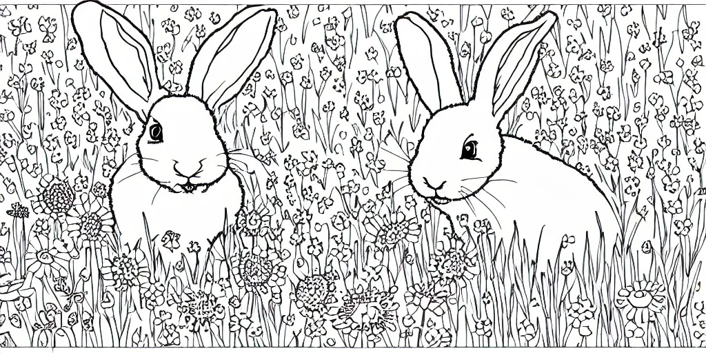 Image similar to Black and white coloring book page of a bunny rabbit and wildflowers