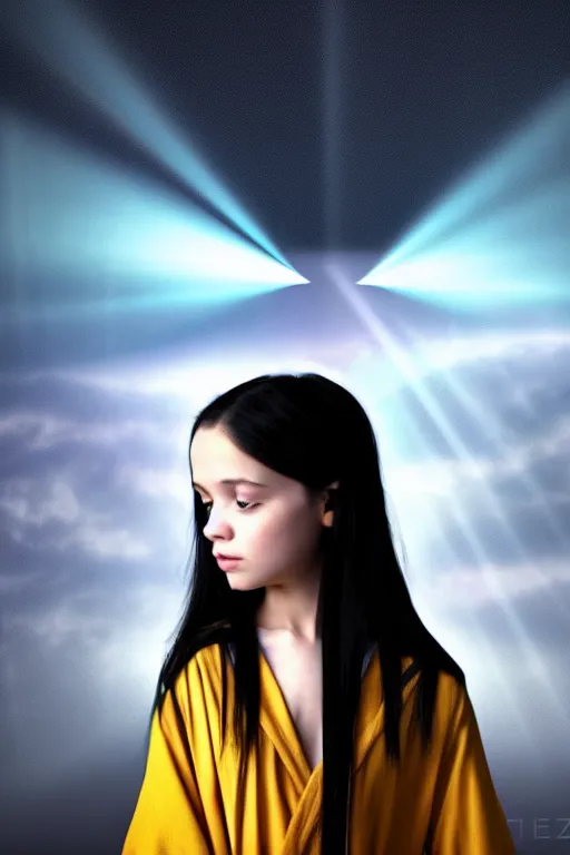 Image similar to a young girl with long black hair and chequered!! robe!! is watching a storm inside a symmetrical fantasy crystal. atmospheric, 4 k, highly detailed. surrounded by golden rays of light