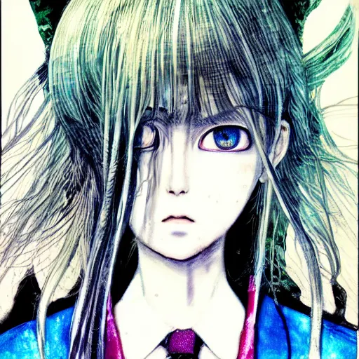 Image similar to yoshitaka amano realistic illustration of a manga girl with black eyes and long wavy white hair wearing dress suit with tie and surrounded by abstract junji ito style patterns in the background, blurry and dreamy illustration, noisy film grain effect, highly detailed, oil painting with expressive brush strokes, weird portrait angle, twin peaks color palette