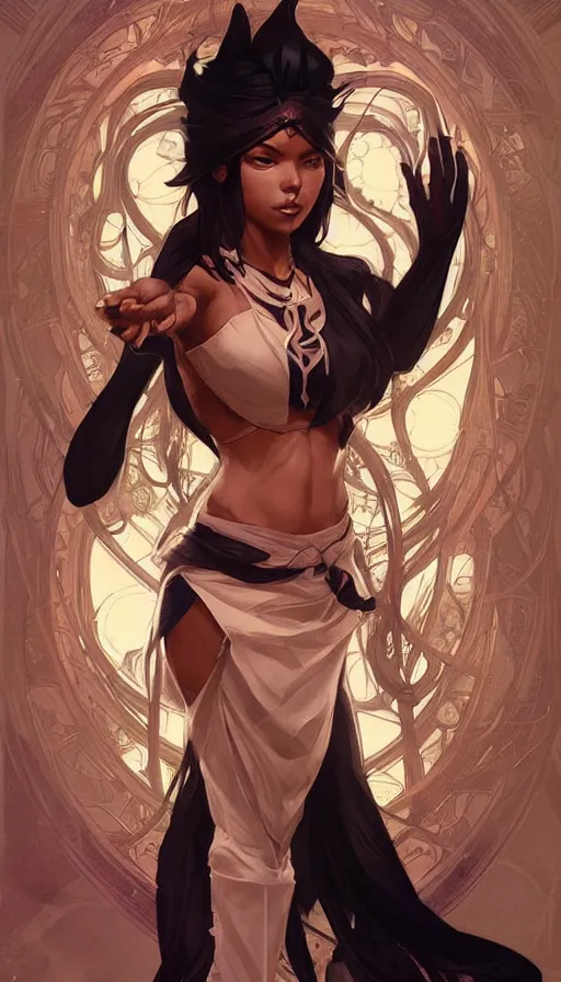 Prompt: yoruichi shihouin by artgerm, greg rutkowski and alphonse mucha, concept art, matte, intricate, full body, epic composition