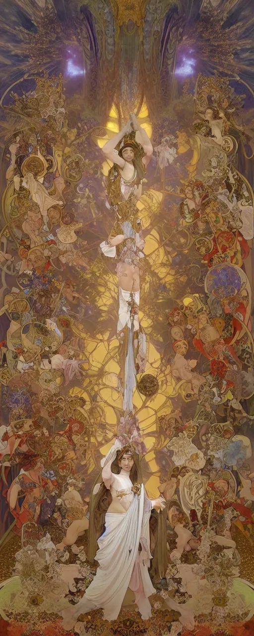 Image similar to 3 d rendered scene of the battle of angels and demons at the entrance to the fractal palace of cosmos painting of alphonse maria mucha made in unreal engine hyper realistic