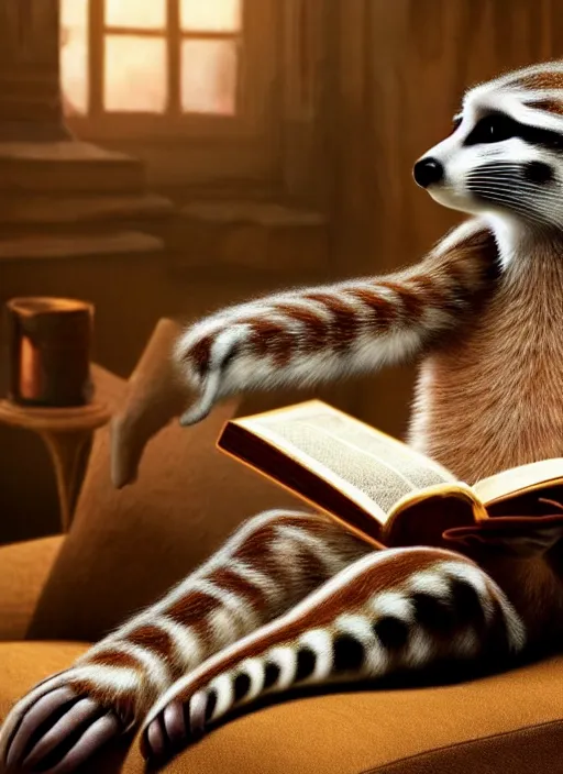 Prompt: A beautiful scene from a 2022 fantasy film featuring a humanoid genet wearing loose white clothing reading an ancient tome on a couch. An anthropomorphic genet. Golden hour.