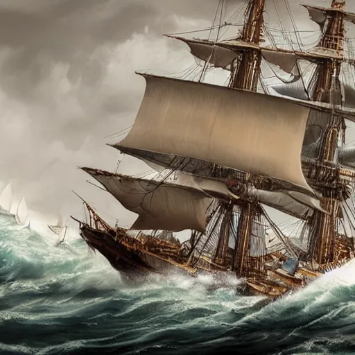 Image similar to a big sailing ship in heavy sea, hypermaximalistic, high details, cinematic, 8k resolution, beautiful detailed, insanely intricate details, artstation trending, octane render, unreal engine,