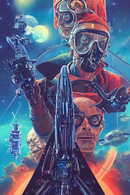 Image similar to Christopher Lloyd and David Tennant are space pirates, science fiction, retro cover, high details, intricate details, by vincent di fate, artgerm julie bell beeple, inking, screen print