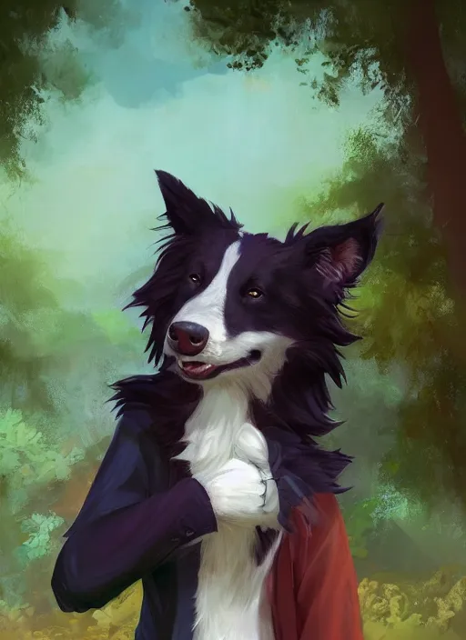 Prompt: beautiful wide angle full body portrait of a cute male anthropomorphic anthro border collie fursona wearing indigo clothes in a park, character design by charlie bowater, henry asencio, and ross tran, scenic background, detailed, glamor pose, aesthetic, trending on artstation, furaffinity, deviantart