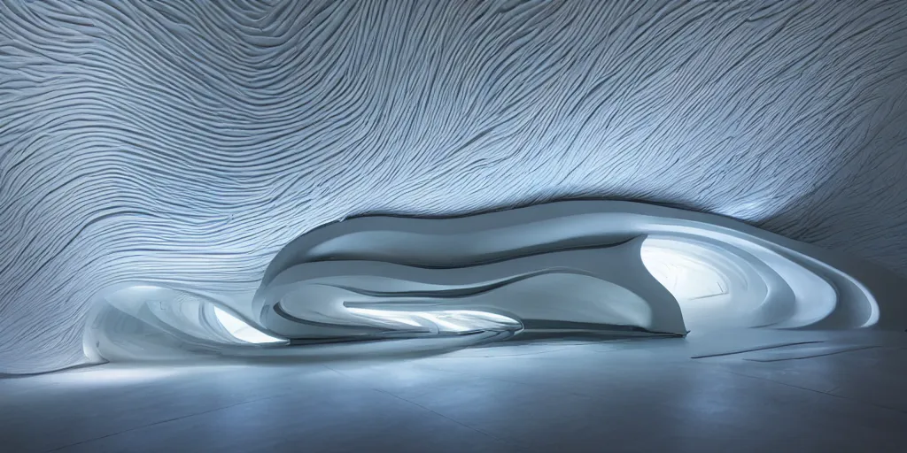 Image similar to extremely detailed awe stunning beautiful futuristic smooth curvilinear museum interior by zaha hadid, translucent gills, stunning volumetric light, stainless steel, concrete, translucent material, beautiful sunset, hyper real, 8k, colorful, 3D cinematic volumetric light, atmospheric light