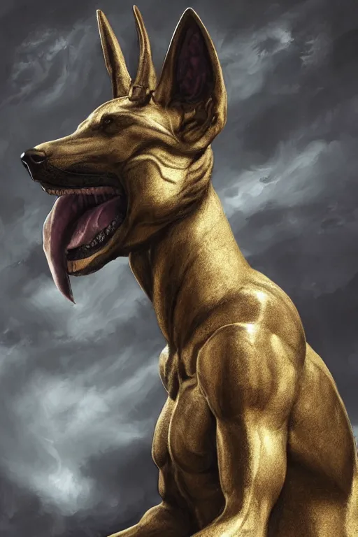Image similar to Dog as Death Anubis, detailed face, gorgeous, amazing, flowing hair, very muscular plush male body, partial anatomy, stormy background, caesar victorious, proud Emperor, crepuscular ray, intricate, highly detailed, 8K, digital painting, fantasy, artstation, concept art, sharp focus, over-shoulder shot, illustration, art by Wayne Barlowe and alphonse mucha