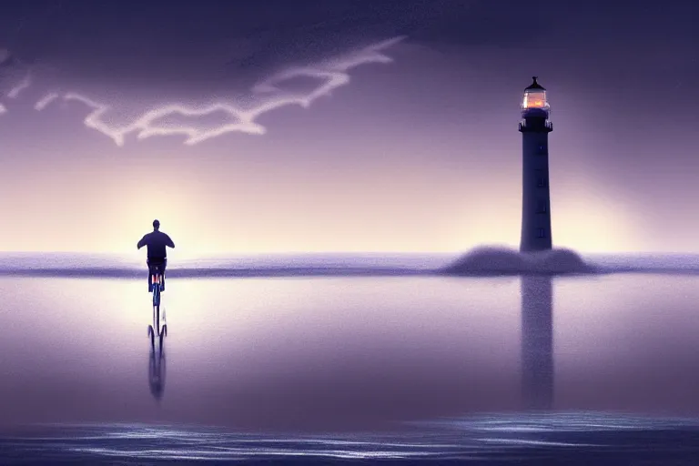 Prompt: photo of man riding a bicycle along the beach, glowing underwater toward a lighthouse in the distance guiding his way, silhouette, wide horizon, large white clouds, night, intricate, elegant, highly detailed, digital painting, artstation, concept art, smooth, sharp focus, illustration, art by artgerm and greg rutkowski and fra angelico