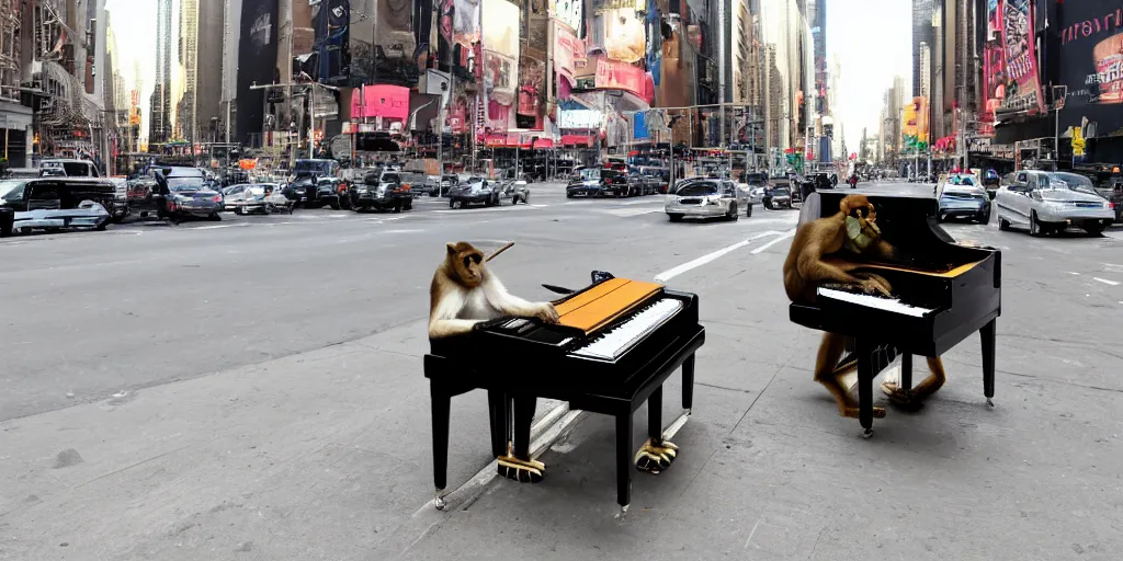 Image similar to a super high-resolution photo of a monkey playing the piano in the busy New York street