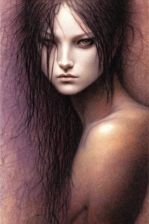 Image similar to portrait of young female, front view, black short hairs, tattoo, fantasy, intricate, jean delville, luis royo, beksinski