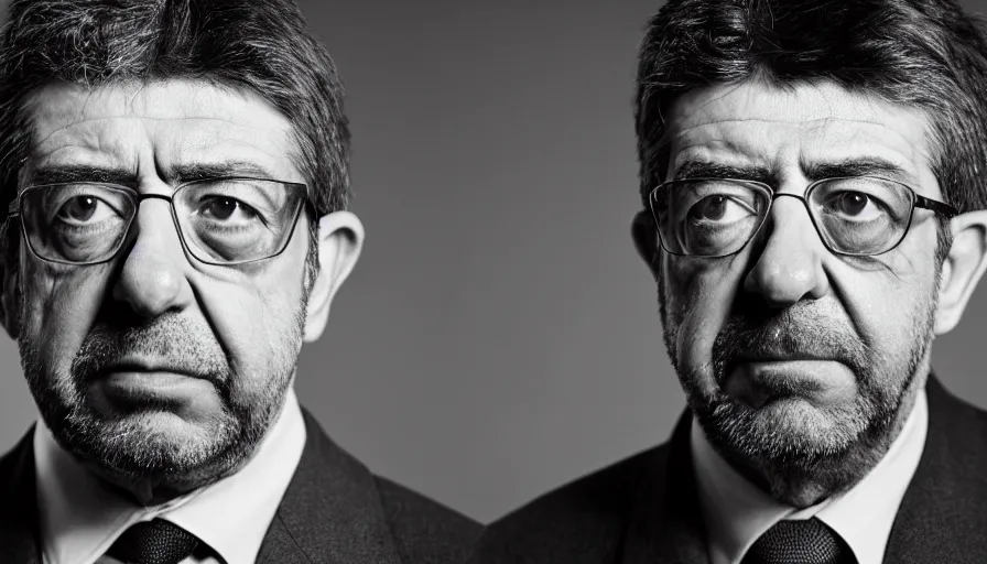 Image similar to hyper-realistic and anamorphic 2010s movie still close-up portrait of Jean-Luc Mélenchon, by Irving Penn, Leica SL2 50mm, beautiful color, high quality, high textured, detailed face