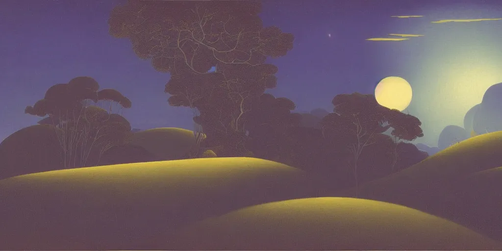 Image similar to a night landscape background, rob gonsavles, eyvind earle, heade martin johnson