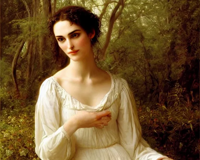 Prompt: portrait en buste of winona ryder kiera knightley in repose by Hughes Merle, by Pierre Auguste Cot, perfect detailed eyes, realistic fabric, abundant detail, winona ryder