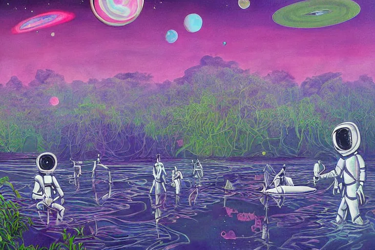 Image similar to surreal painting by chesley bonestelll!!, twelve an astronaut sitting near a river + psychedelic vegetation + purple, pink, blue + planets and stars + mystic fog, 5 0's vintage sci - fi style, rule of third!!!!, line art, 8 k, super detailed, high quality