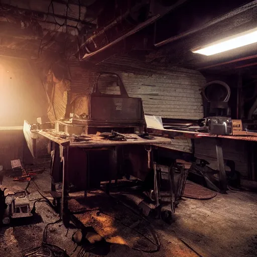 Prompt: original amiga 5 0 0, dark messy smoke - filled cluttered workshop, dark, dramatic lighting, orange tint, cinematic, highly detailed, sci - fi, futuristic, movie still