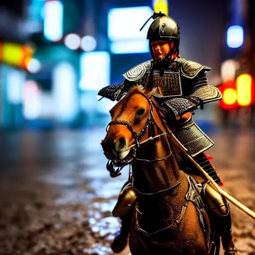 Prompt: close up macro shot of a roman general riding a horse fighting a samurai with swords on wet tokyo street at night, intricate, hyper detailed, smooth, dramatic lighting, cinematic