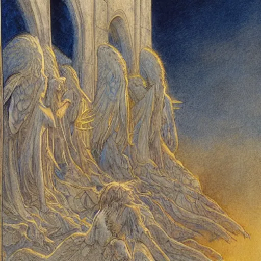 Prompt: seven spanish angels at the altar of the sun, JRR Tolkien illustration, Alan Lee, beautiful illustration