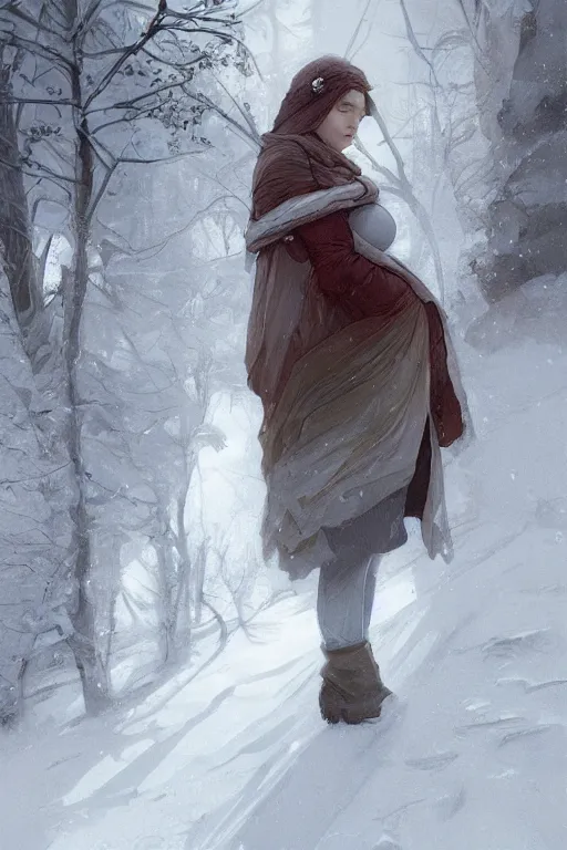 Prompt: portrait of a pale and sad pregnant woman in the besieged Leningrad in winter, digital painting, artstation, concept art, smooth, sharp focus, illustration, art by artgerm and greg rutkowski and alphonse mucha