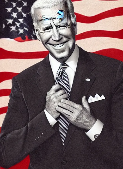 Image similar to joe biden staring directly at you ominously with an eerie comically big scary smile, 1940s scare tactic propaganda art