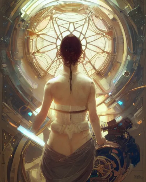 Image similar to portrait of a techno - optimist, cinematic lighting, scifi, intelligent, high detail, masterpiece, art by artgerm and greg rutkowski and alphonse mucha