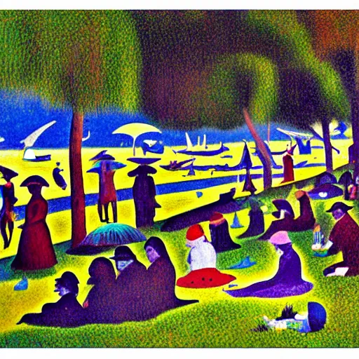 Image similar to a sunday afternoon on the island of la grande jatte in the style of pedro bell, parliament, funkadelic, george clinton, bootsy collins, the mothership, chocolate city