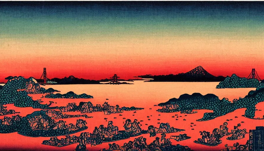 Image similar to sunset over the san francisco bay area by katsushika hokusai