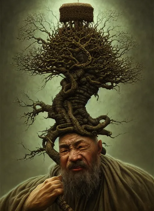 Image similar to monk with roots all over his face and a bonsai hat, intricate, rim light, extremly detailed digital painting, by tomasz alen kopera, james jean and fenghua zhong, highly detailed, art, cinematic lighting, very coherent, hyper realism, high detail, 8 k