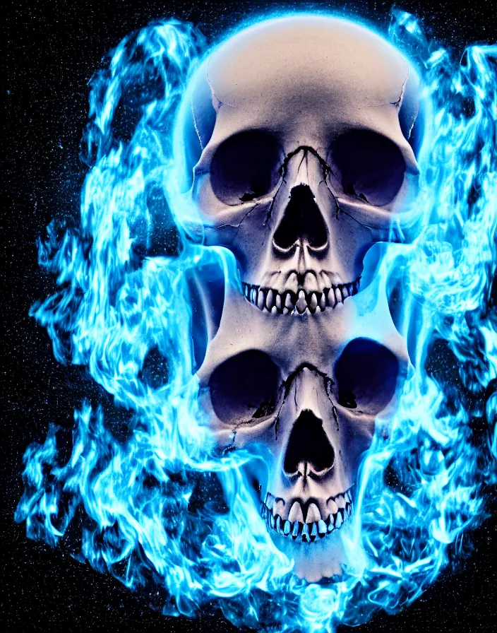 Image similar to photography of a skull with a blue flaming eye in the left orbit