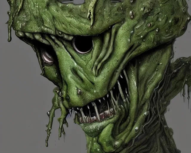 Image similar to Haunting horrifying hyperrealistic detailed painting of a tall slim spider extraterrestrial creature made of concrete stone brick, gelatinous green goop, heavy metal, disgusting, creepy, unsettling, and bloodshot eyeballs, hyper detailed, trending on Artstation