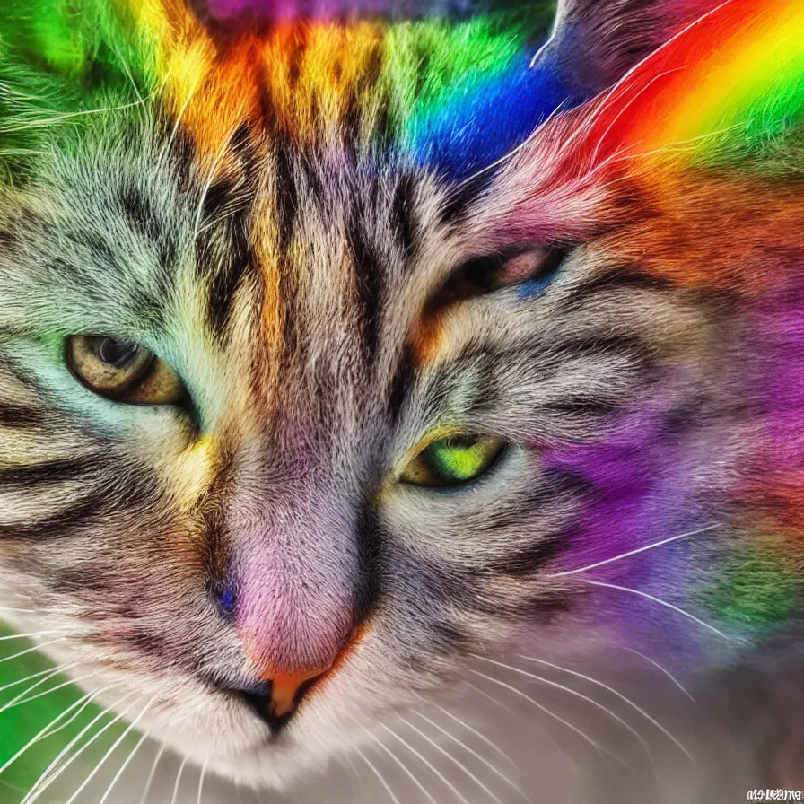 Prompt: Rainbow cat asking for food, ultra realistic, 8K